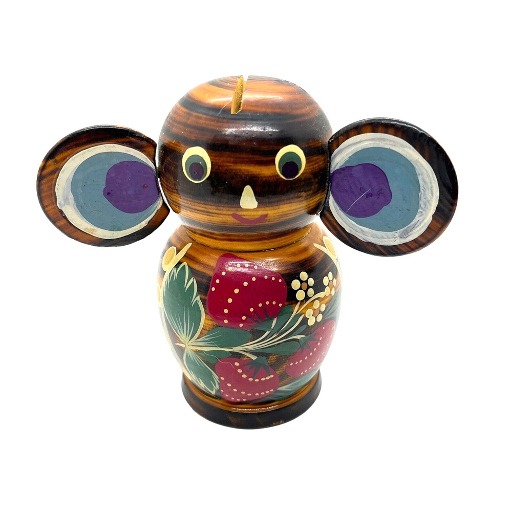 Cheburashka Hand Painted Strawberries Vintage Bank Decor Wood Piggy Bank Collect